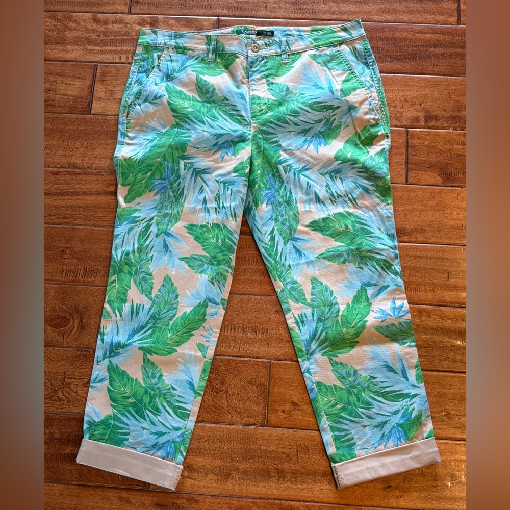 Ralph Lauren Green Blue Leaf Tropical Palm Jeans Pants Size 14